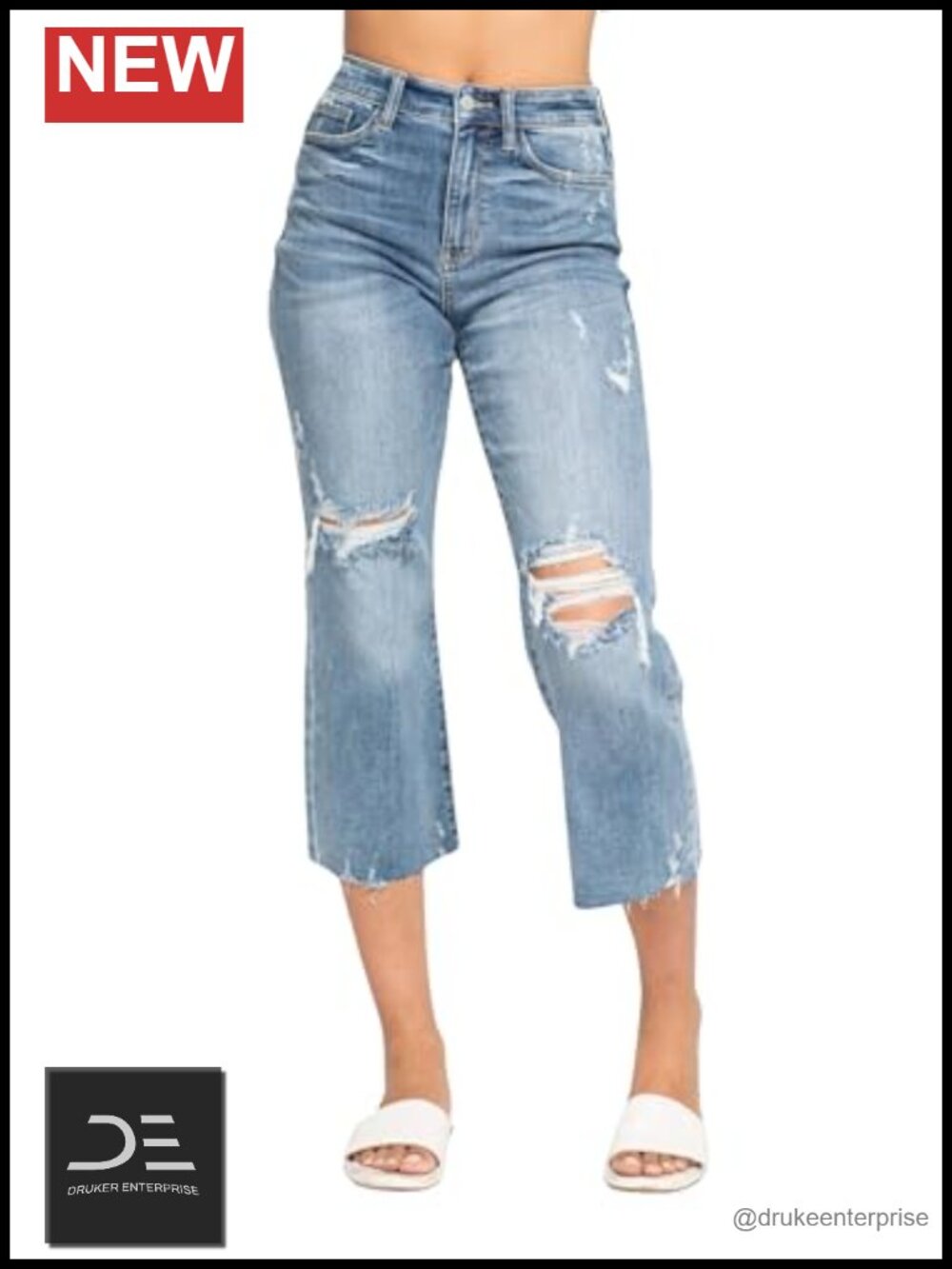 High Waist Wide Leg Crop Destroy Jeans Stretchy Distressed Denim